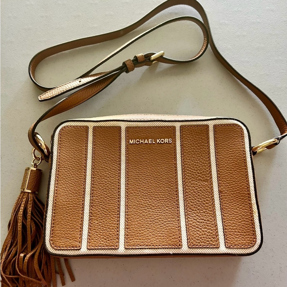 Michael Kors Tan and White Crossbody Bag